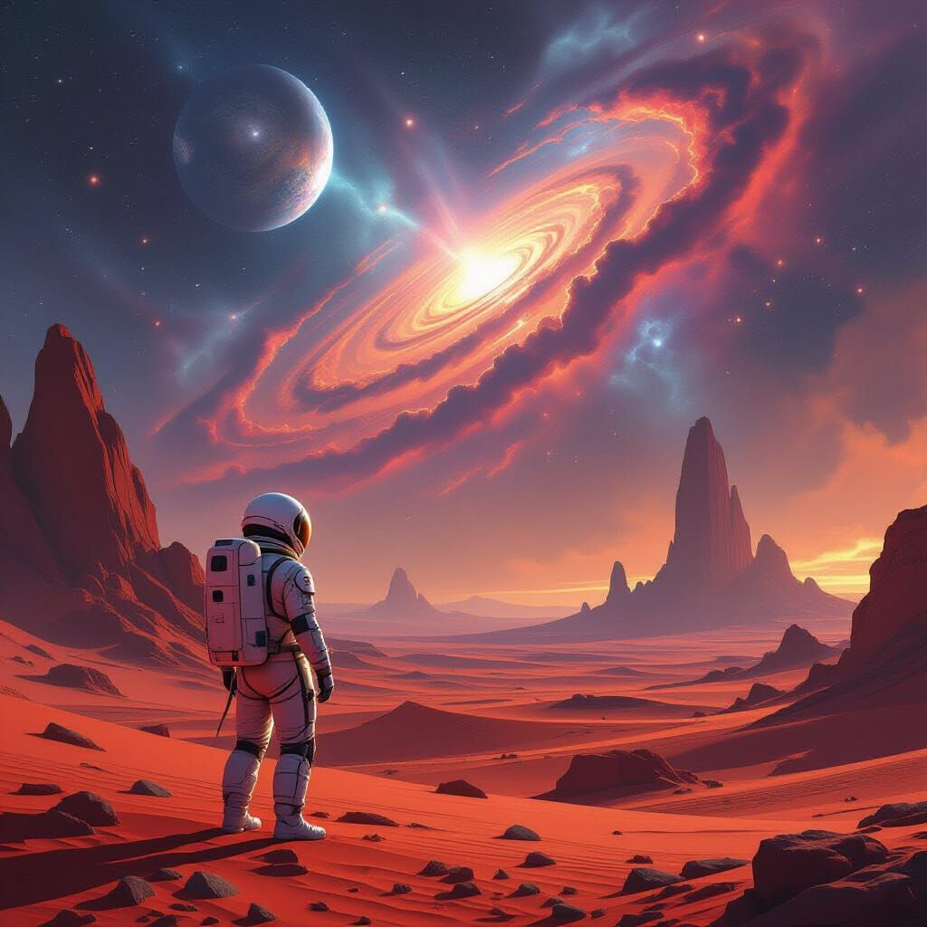 Astronaut on Alien Planet Gazing at Nebula