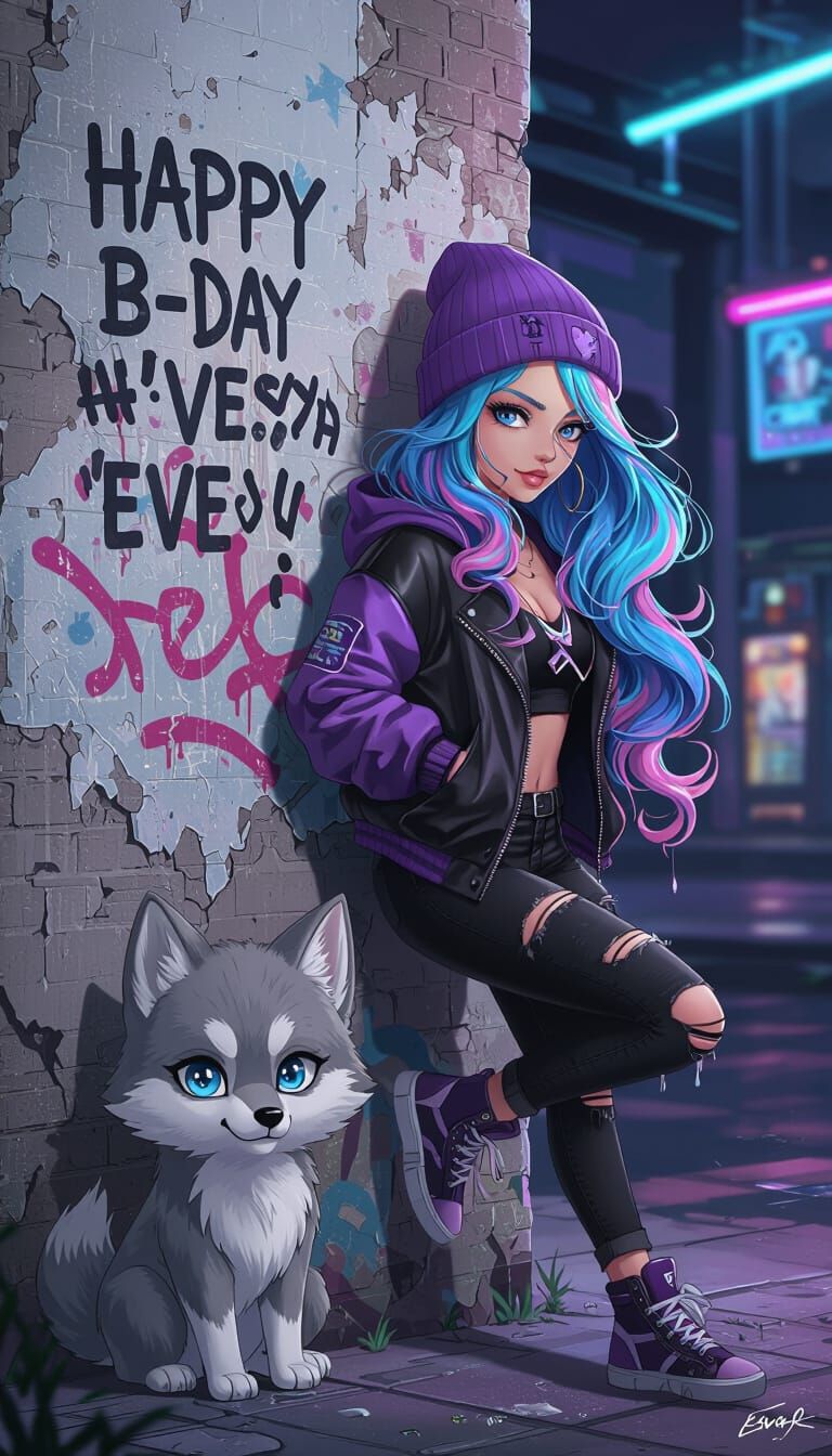 Cyberpunk Anime Woman with Wolf Cub in Digital Art Style