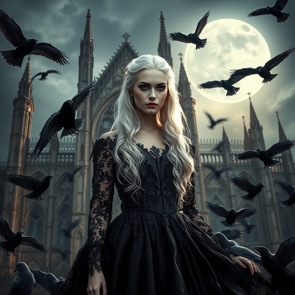 Gothic Queen Amidst Swirling Ravens and Ancient Cathedral