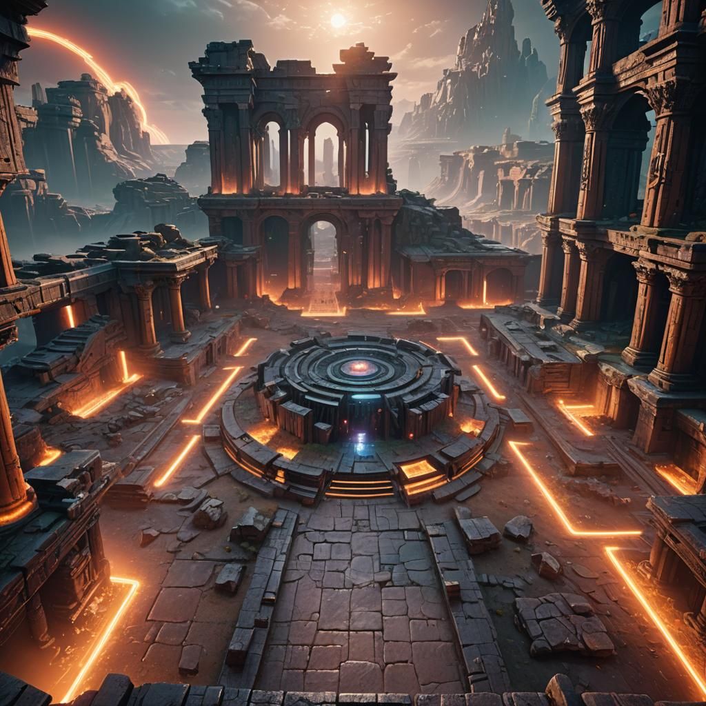 Futuristic Battle in Mystical Arena: Fantasy Concept Art
