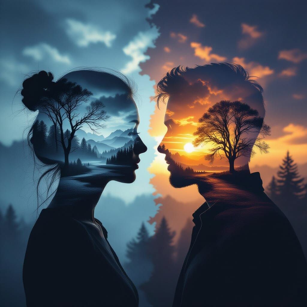 Double Exposure Portrait of Lovers Across Two Worlds