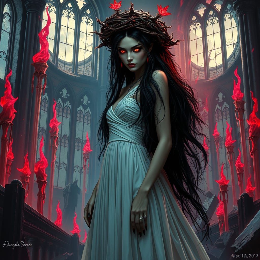 Gothic Vampire Queen in Flaming Cathedral