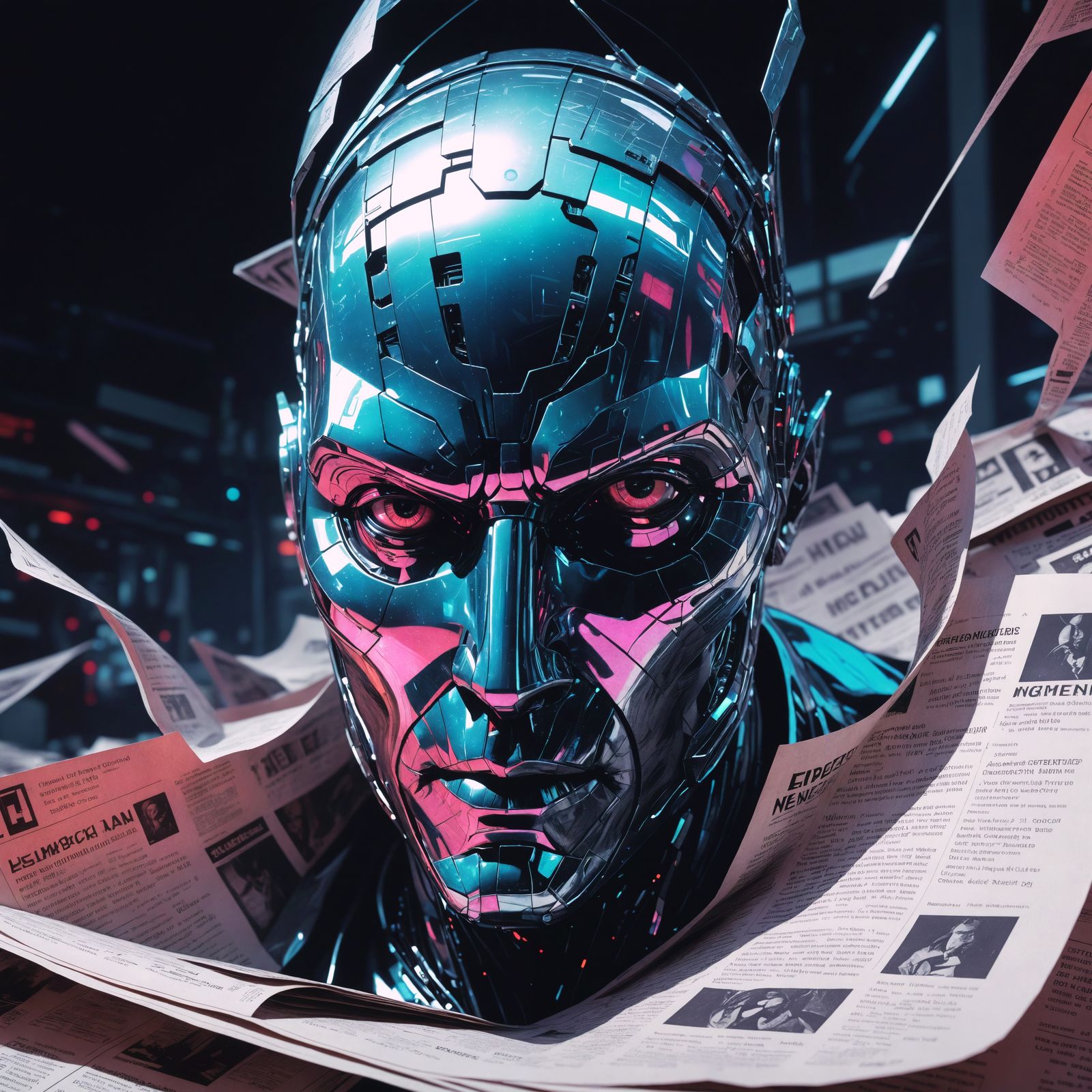 Hologram Villain Emerges from Newspaper in Sci-Fi Art