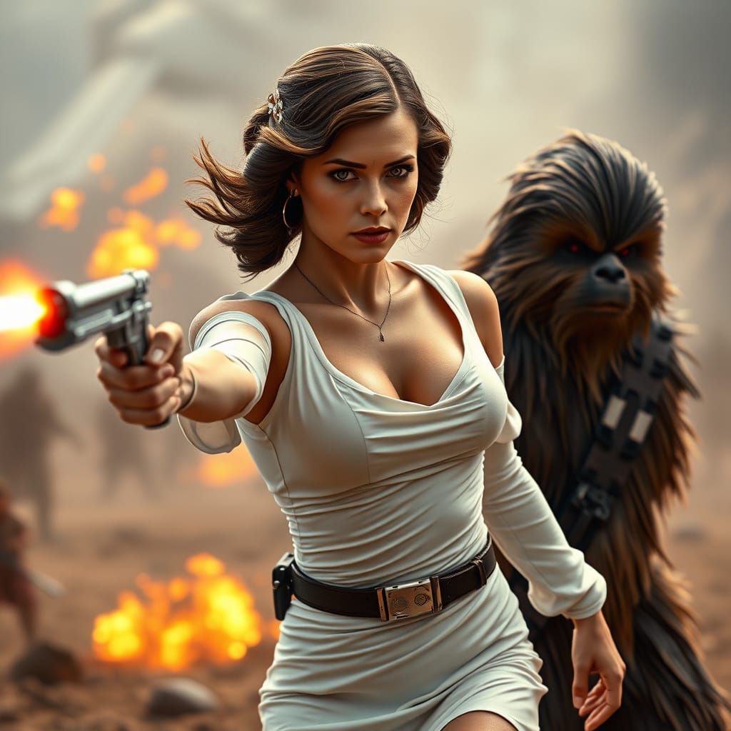 Princess Leia in Hyperrealistic Cinematic Style, Firing Blas...