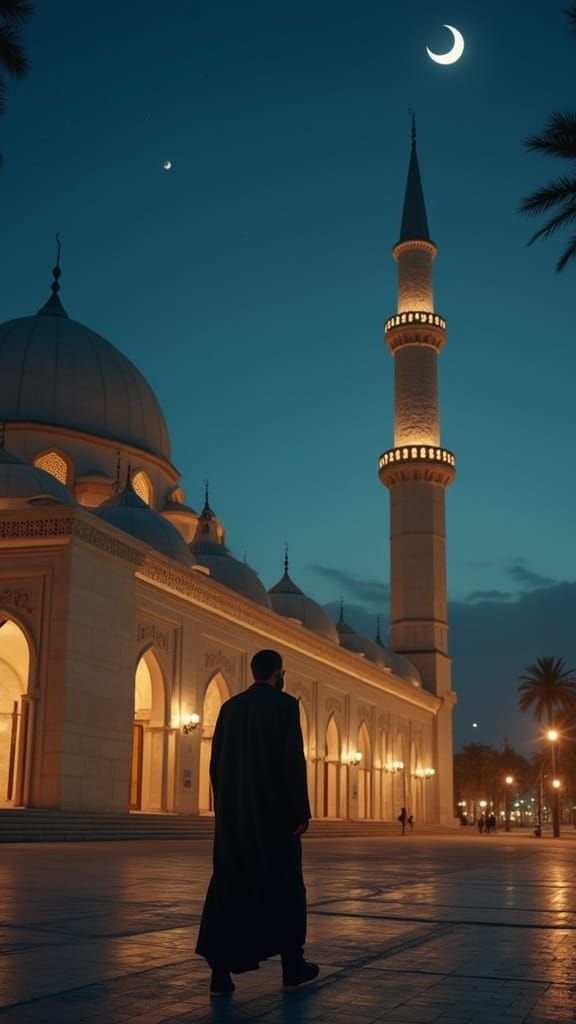 Man Walks Past Illuminated Mosque at Night