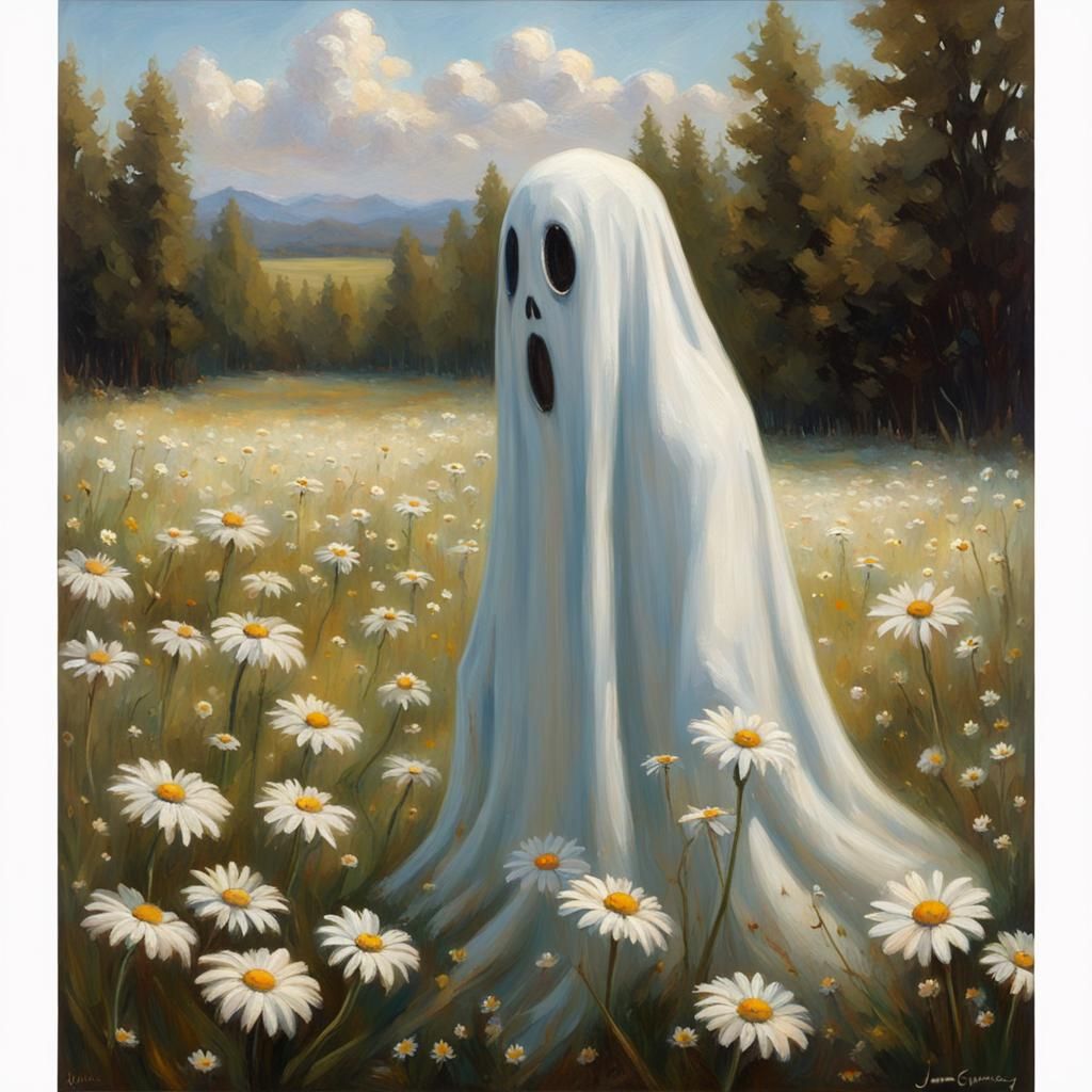 Cute Ghost in Daisy Field: Oil Painting