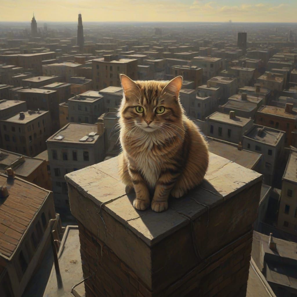 Surreal Cat Observes Rooftop Desperation in Oil Painting Sty...