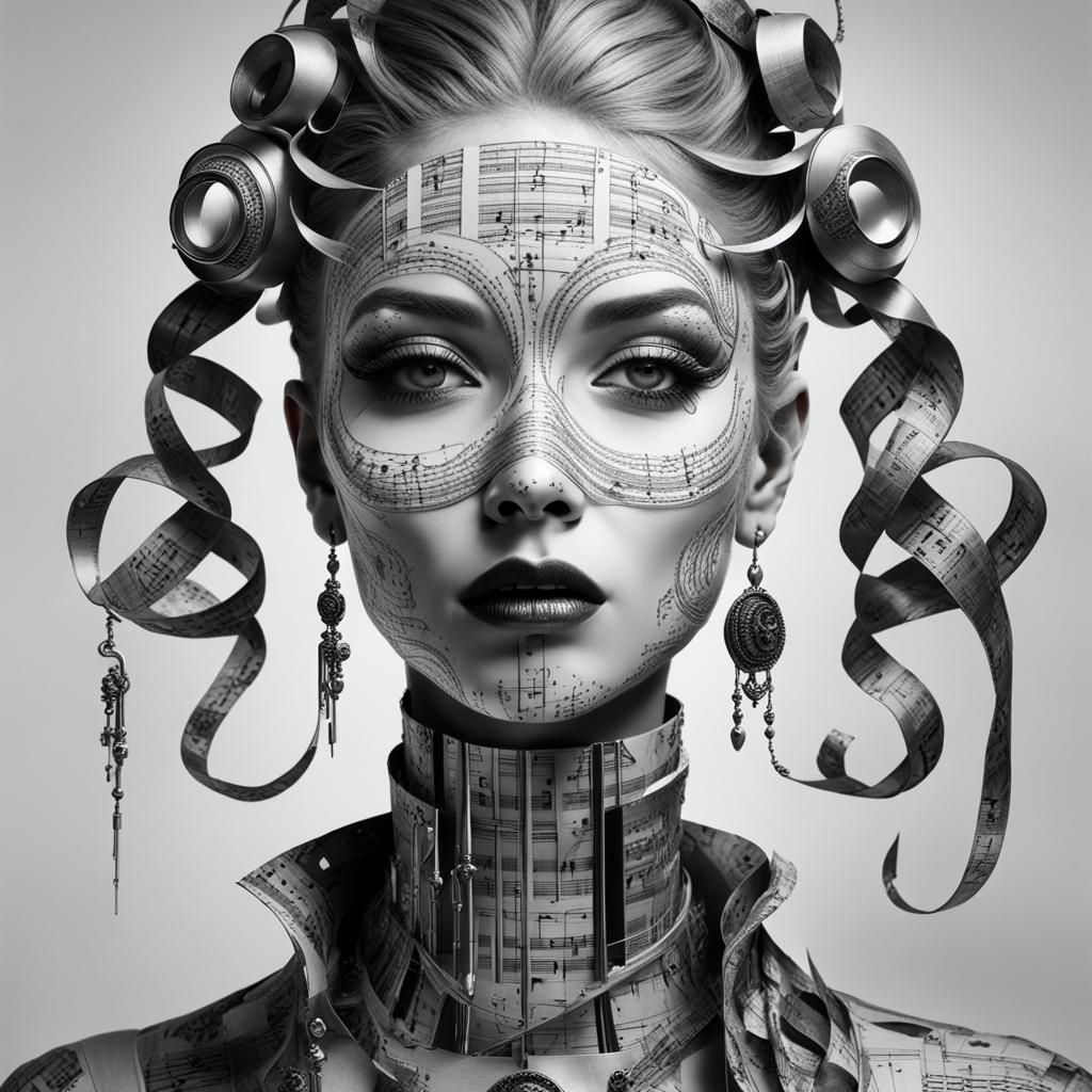 Neo Punk Rococo Girl Portrait with Music Notes