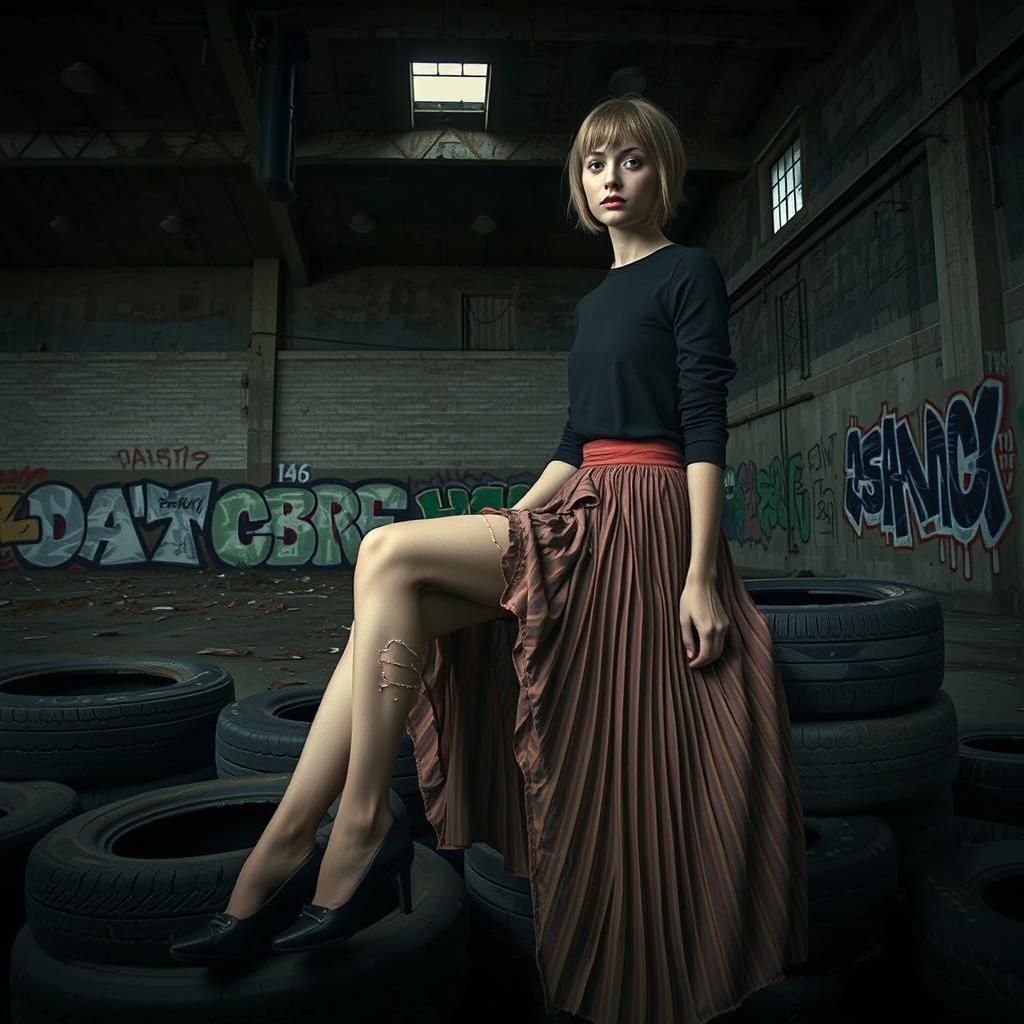 Woman in Ripped Pantyhose in Abandoned Factory