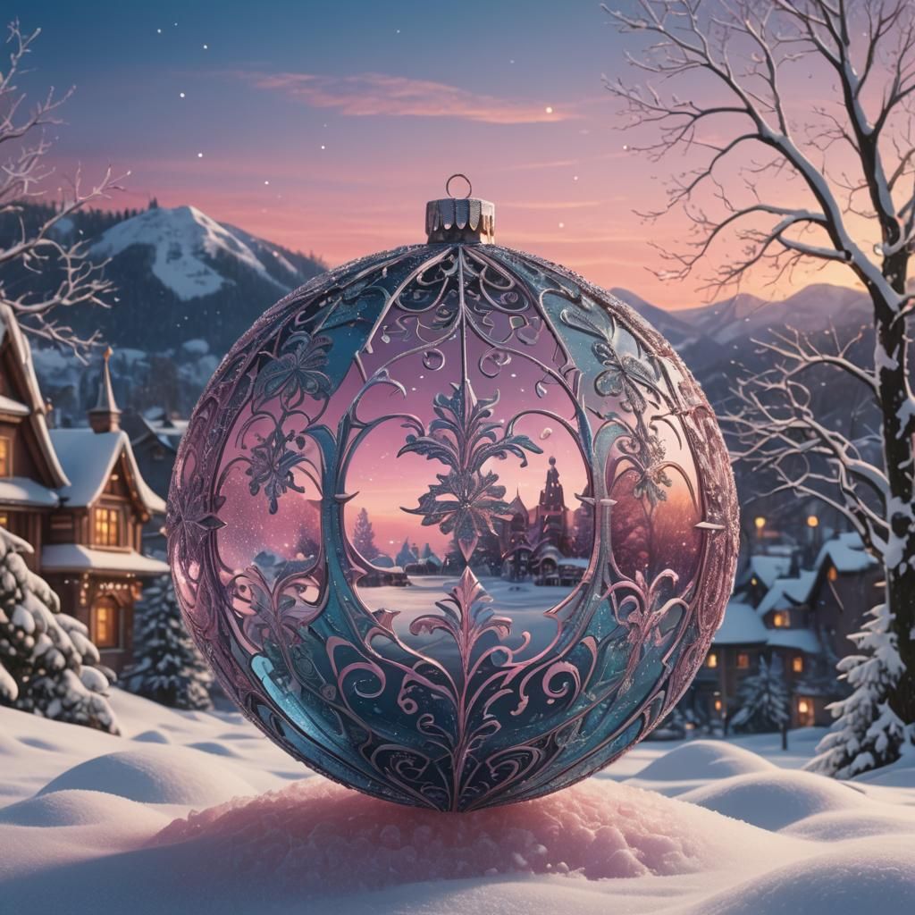 Ornate New Year's Eve Ball over Snowy Dusk
