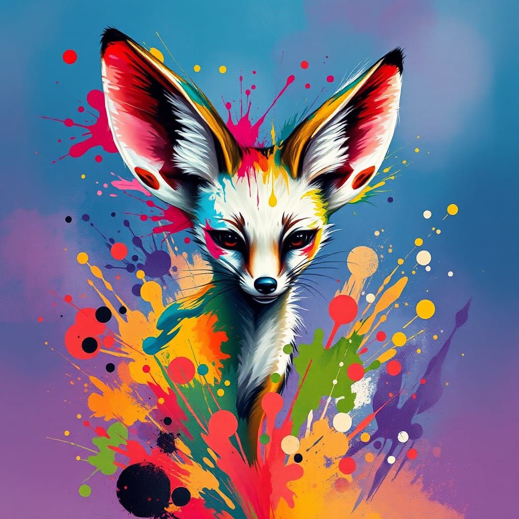Colorful Fennec Fox in Abstract Ink Splatter Art