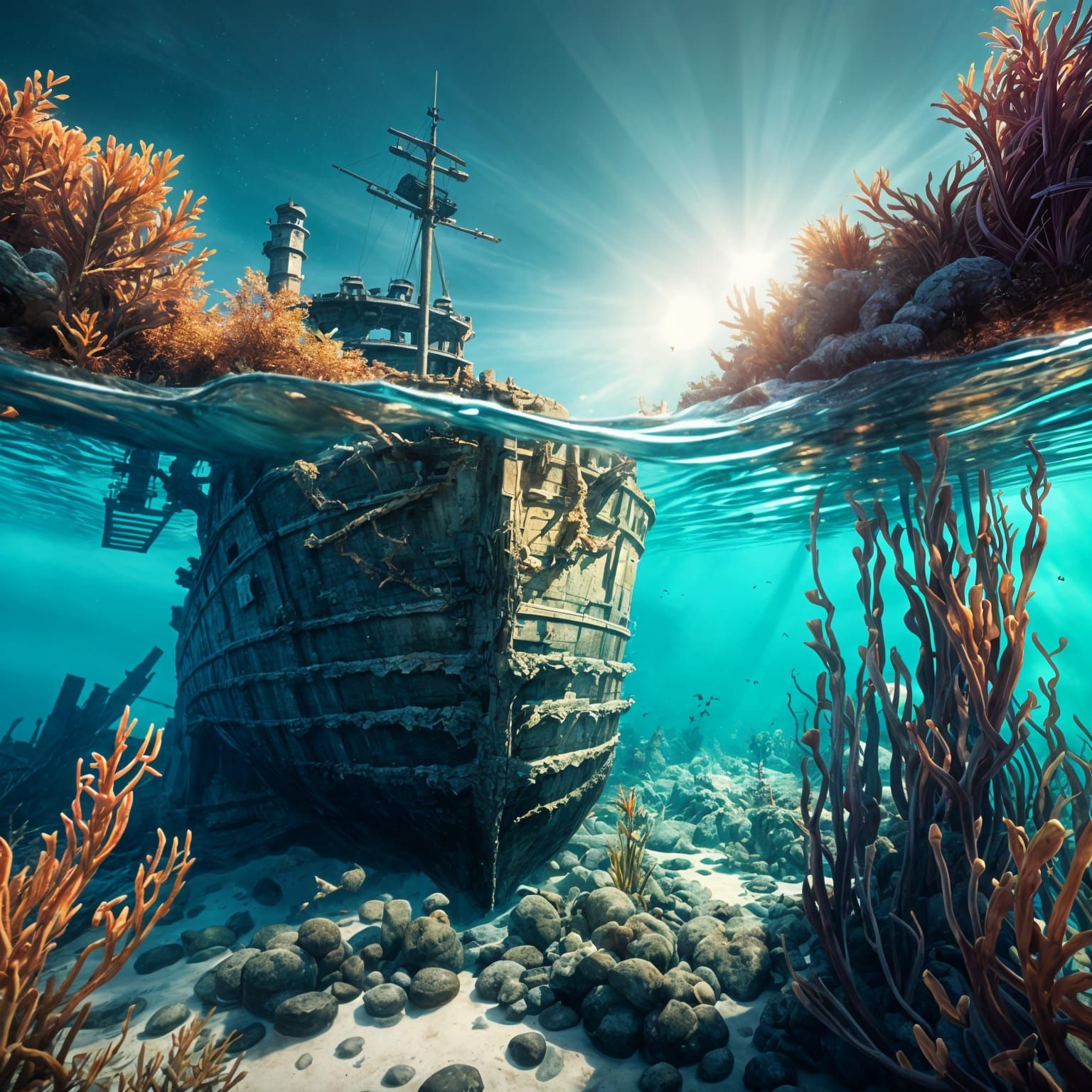 A hyper-realistic image depicting a sea that has been split ...