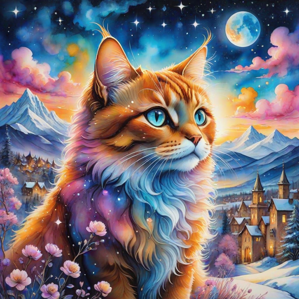 Majestic Feline in Whimsical Cityscape, Painted in Alcohol I...