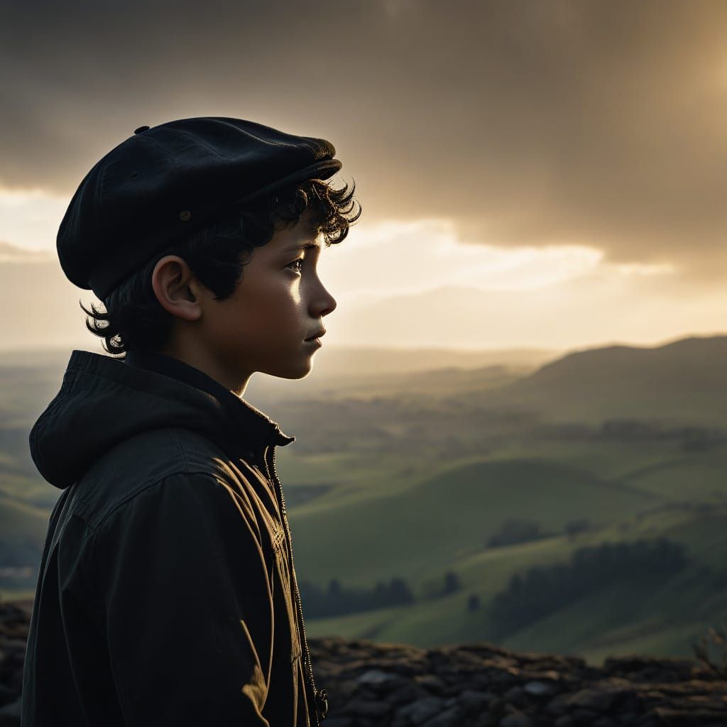 Boy Retreats from Radiant Light in a Free Landscape
