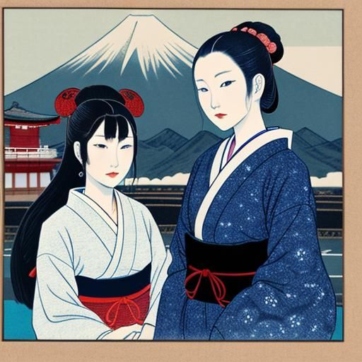 Geishas in Kyoto: Ukiyo-e Style with Mt Fuji