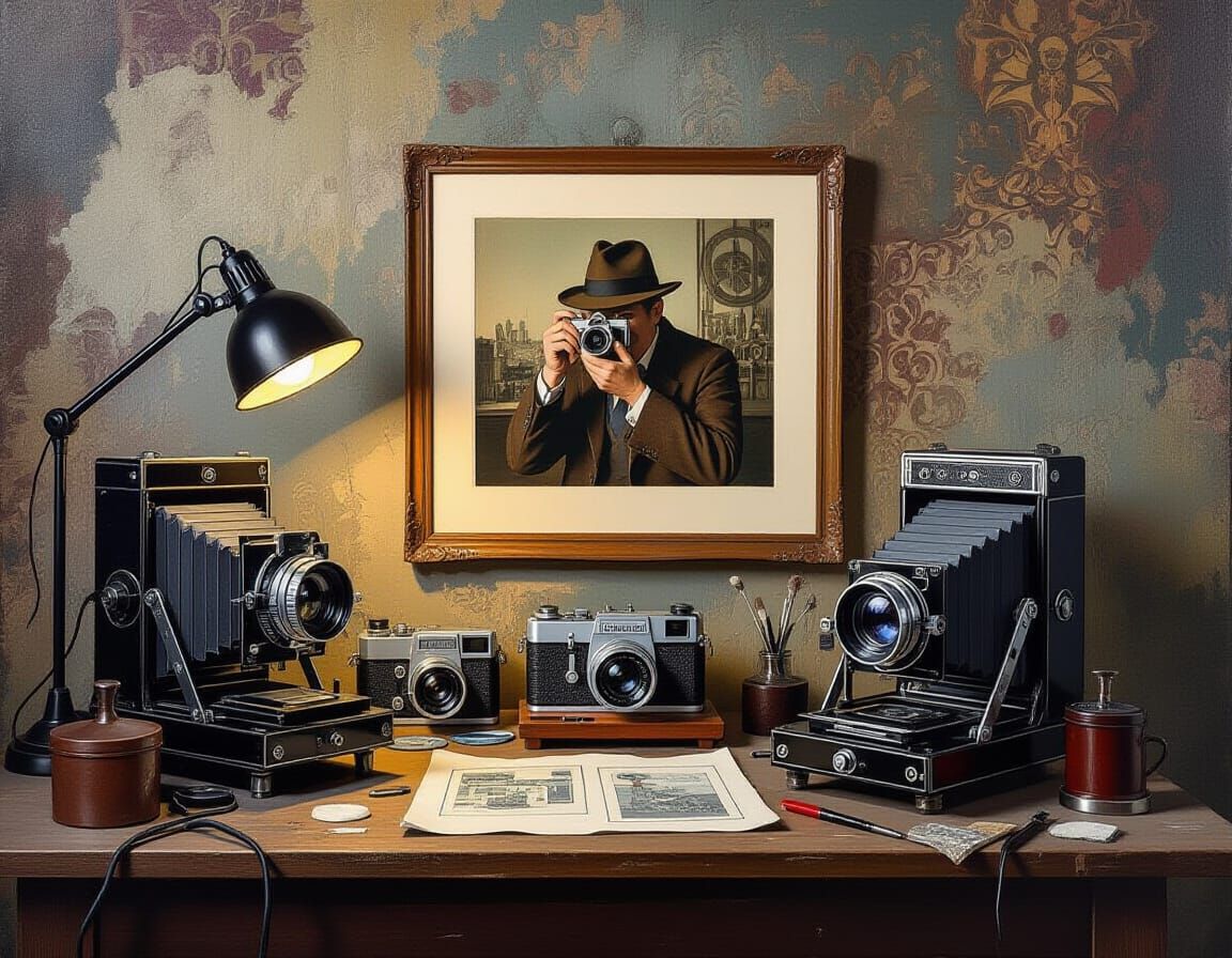 Vintage Darkroom with Antique Cameras in Gouache Style