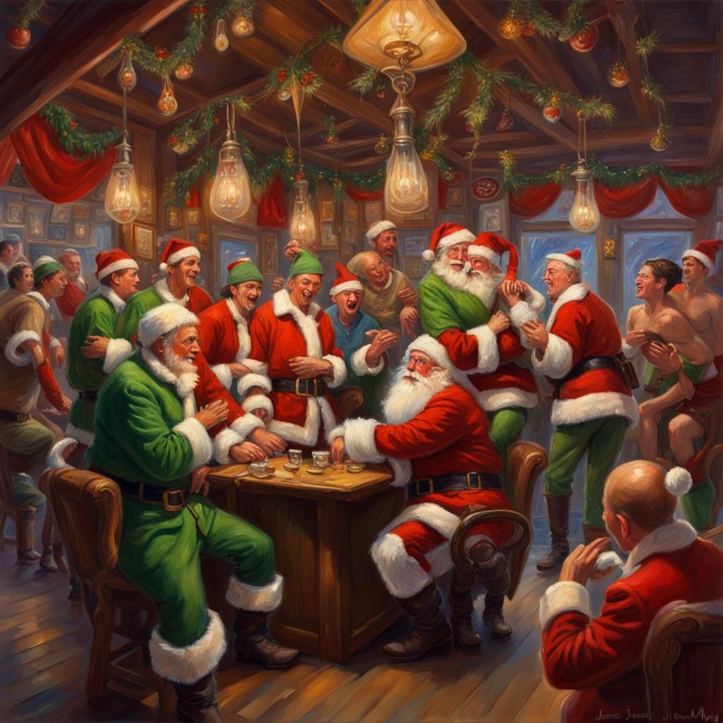 Gay Elves Celebrate at North Pole Bar, Oil Painting