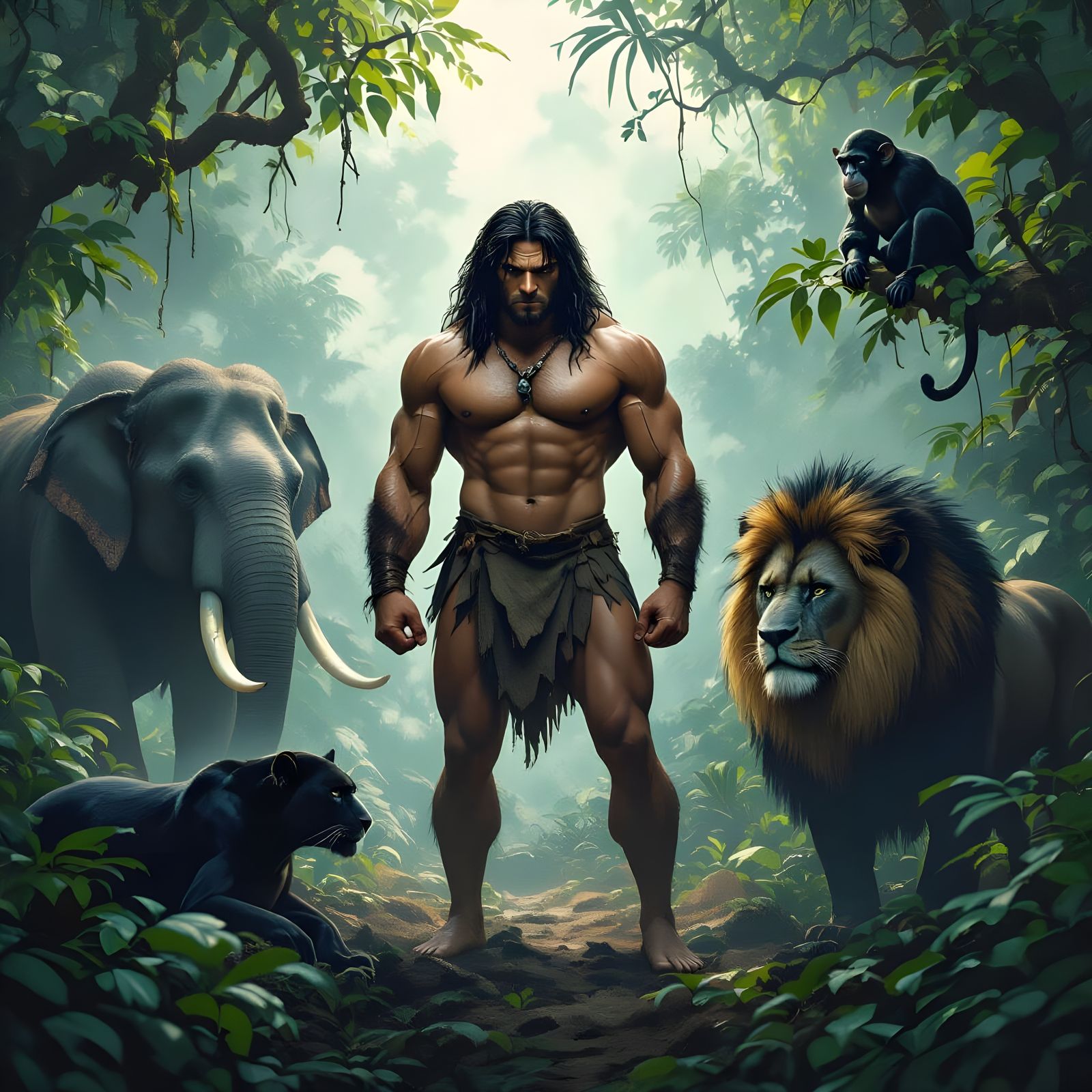 Tarzan and Jungle Friends in Hyperrealistic Cinematic Style