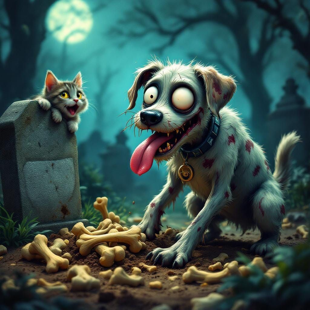 Playful Zombie Dog Unearths Bones in Graveyard