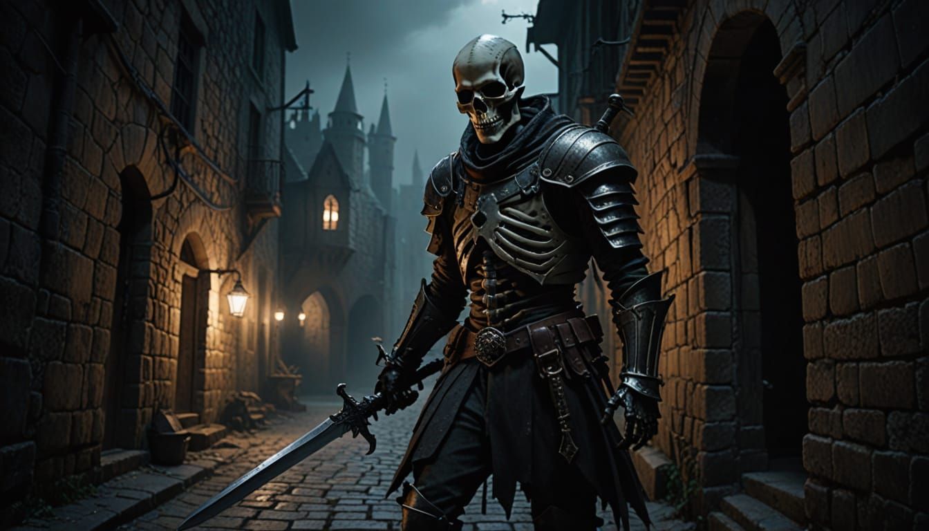Skeletal Warrior in Medieval Alley at Night in Dark Fantasy ...