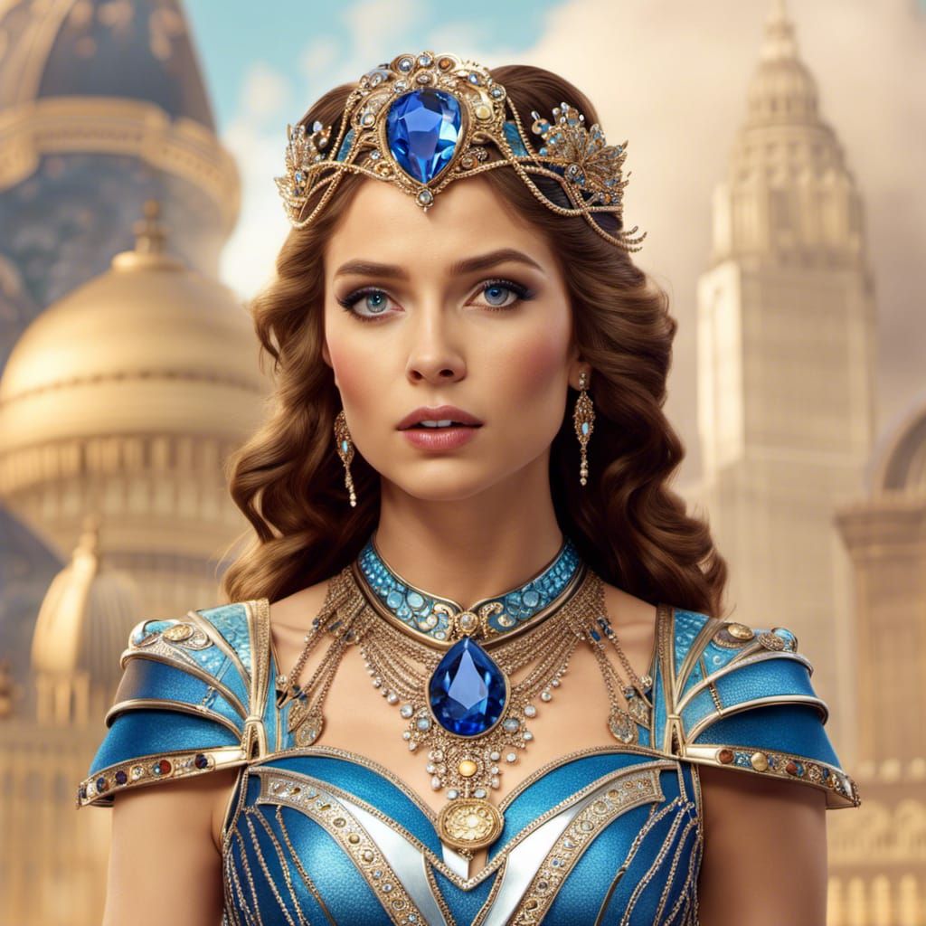 Woman in Metallic Blue Costume, Detailed Matte Painting