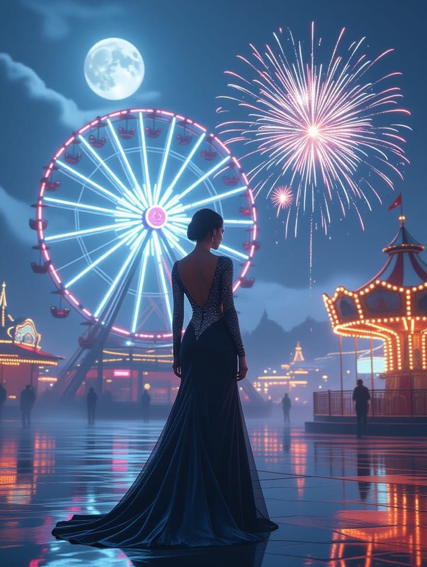 Futuristic Carnival Dreamscape in Neon-Lit Cityscape Style