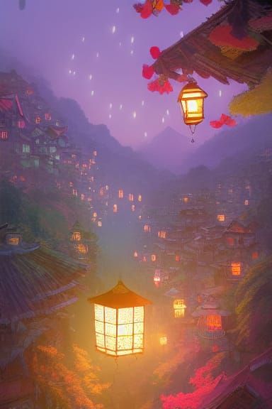 Night Village with Lit Lanterns, Digital Illustration