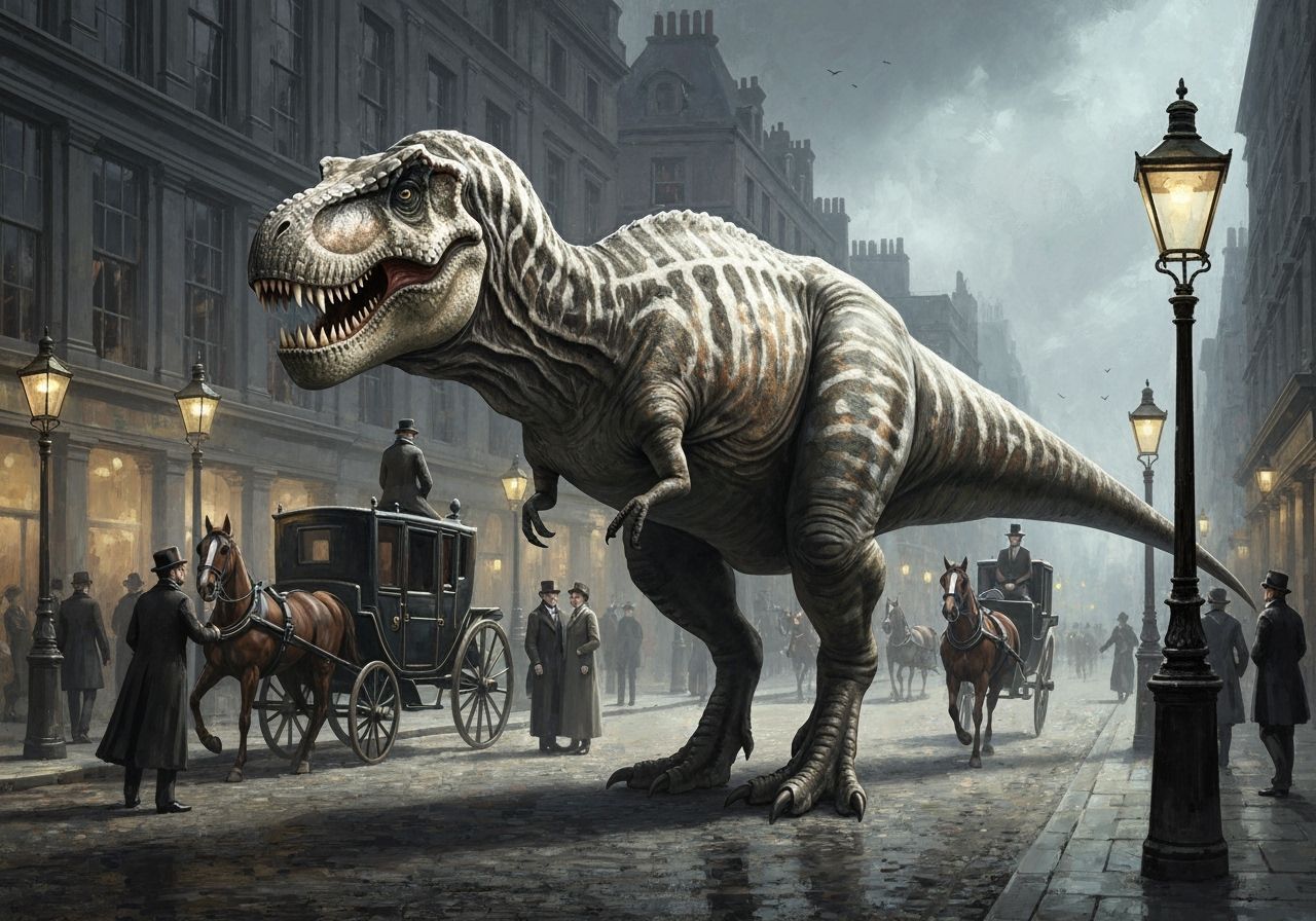 T-Rex in Victorian London: A Film Noir Oil Painting
