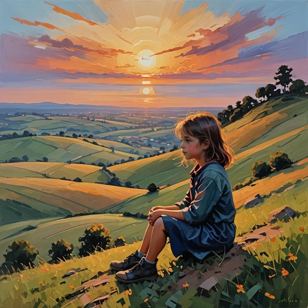 Expressionist Girl on Hill at Sunset