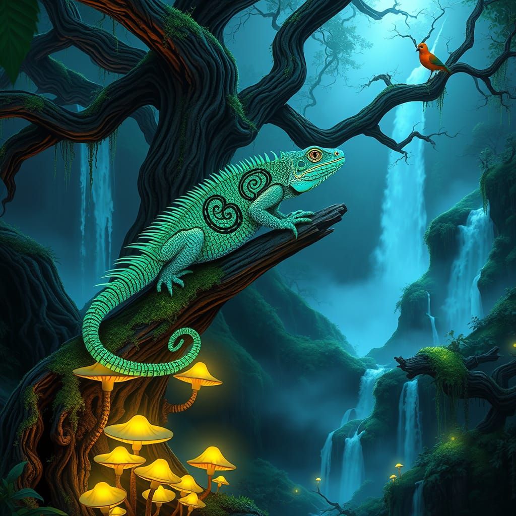 Majestic Bioluminescent Iguana in Glowing Jungle Paradise
