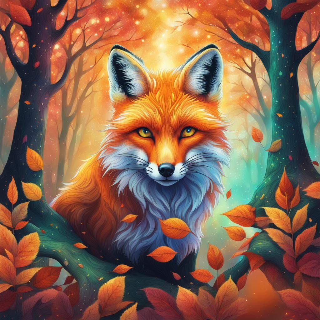 Fox in Autumn Forest: Cosmic Illustration