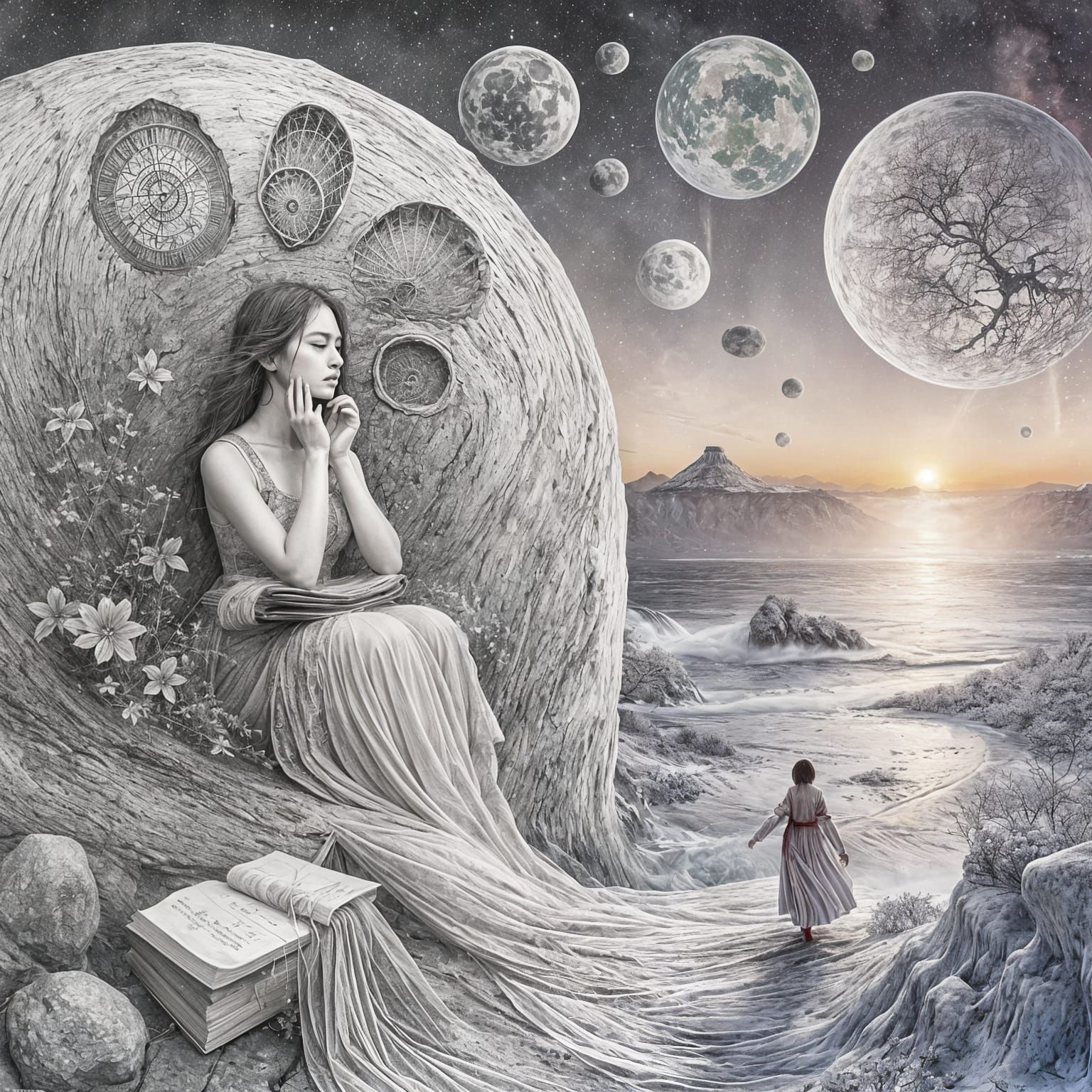 Mystical Woman in Contemplative Silence, Surrounded by Whisp...