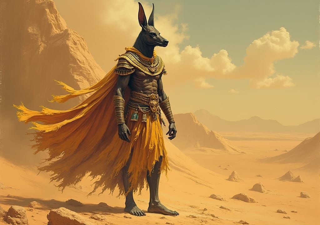 Anubis, God of Mummification, in Egyptian Desert