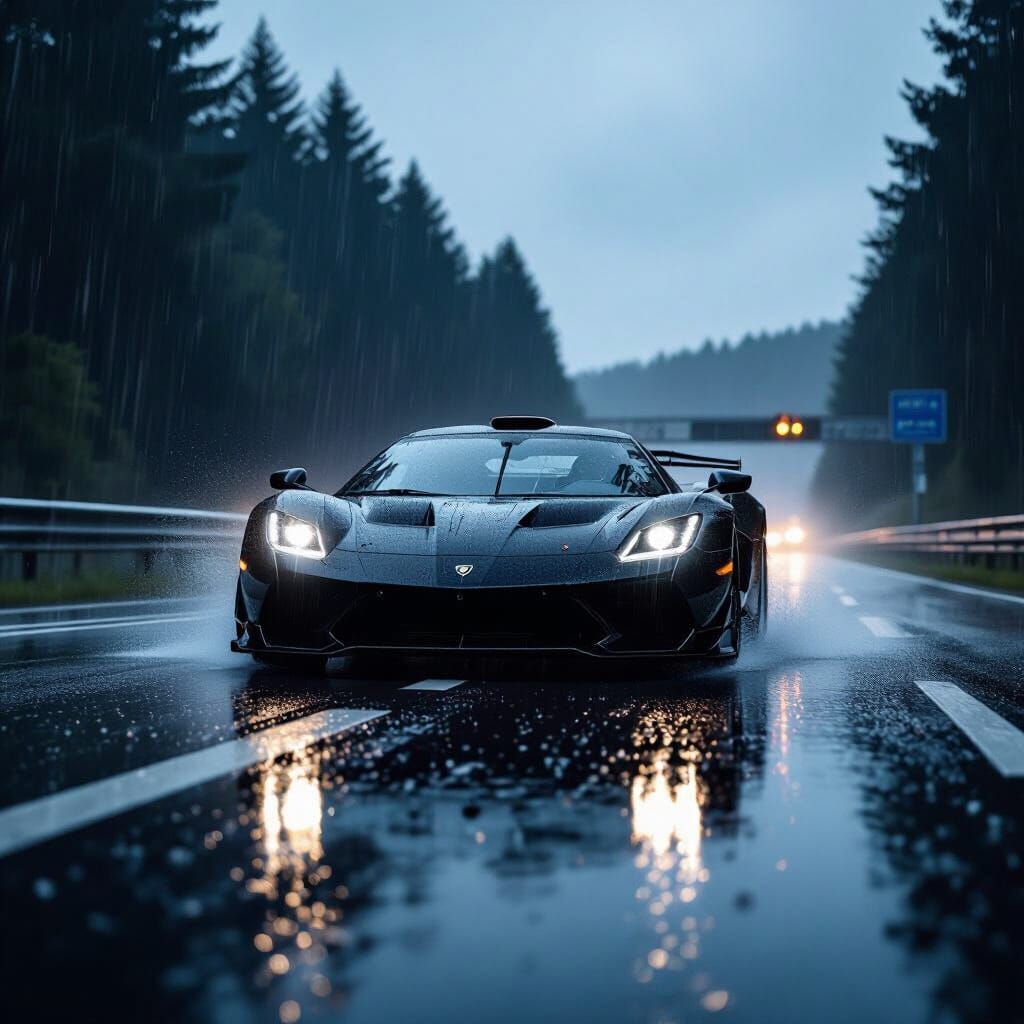 Supercar Speeds Through Rain on German Autobahn