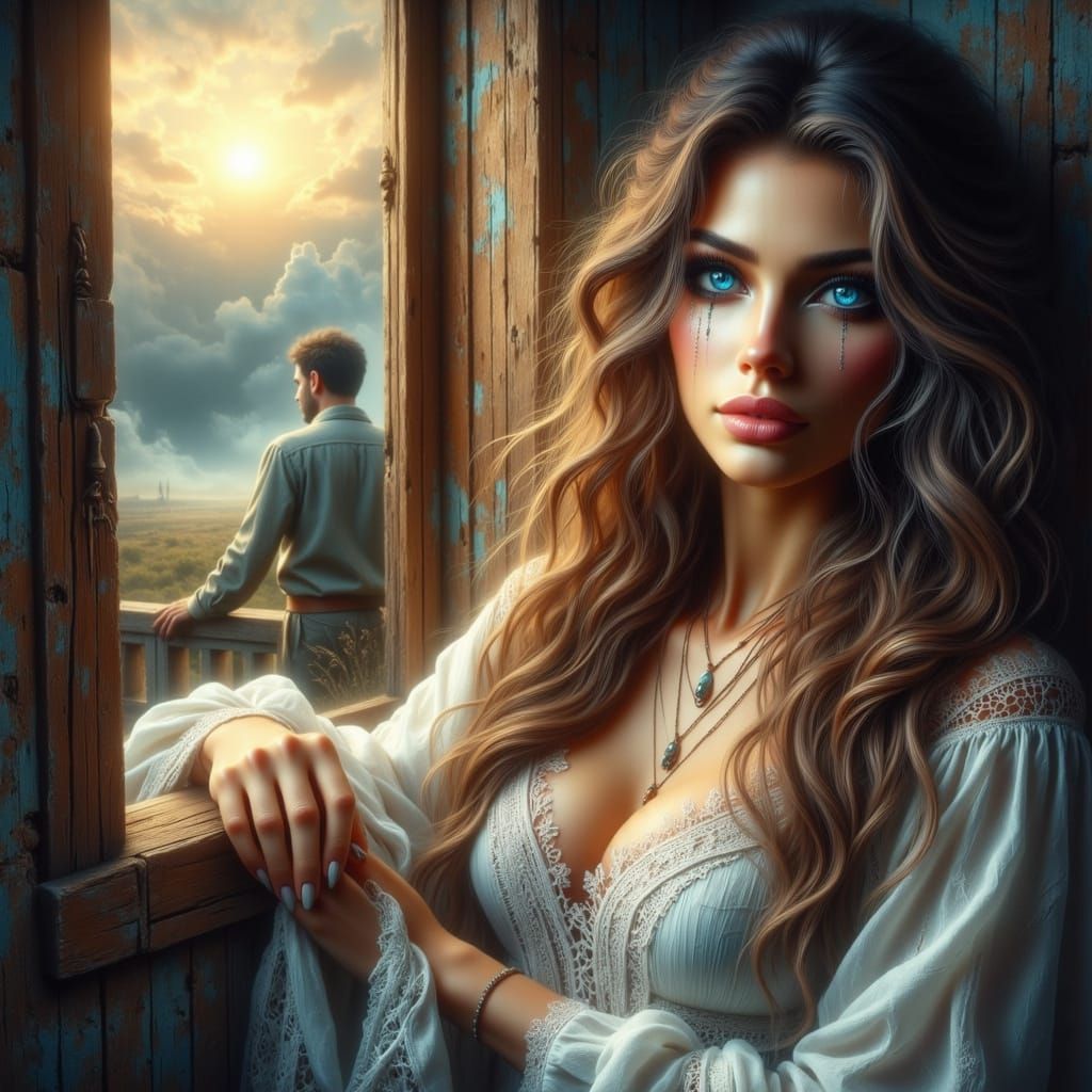 Ethereal Woman Contemplates Lost Love in Golden Light