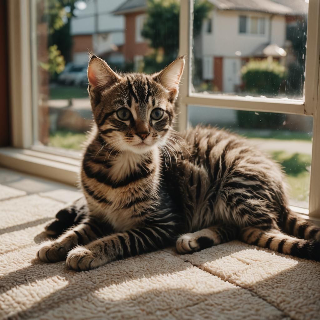 Zebra Striped Kitten in Suburban Window: Cinematic Still