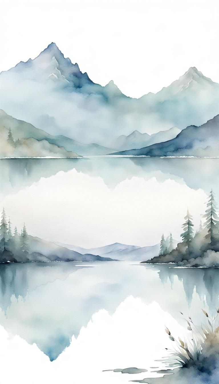 Washed Out Watercolor Mountain Lake Scene