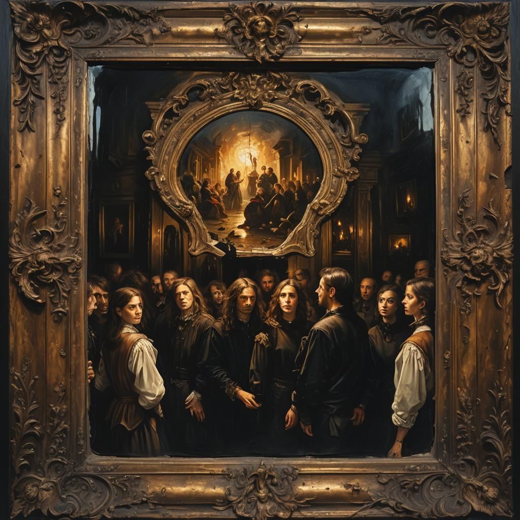 Mysterious Mirror in Dimly Lit Square: Dark Fantasy Art