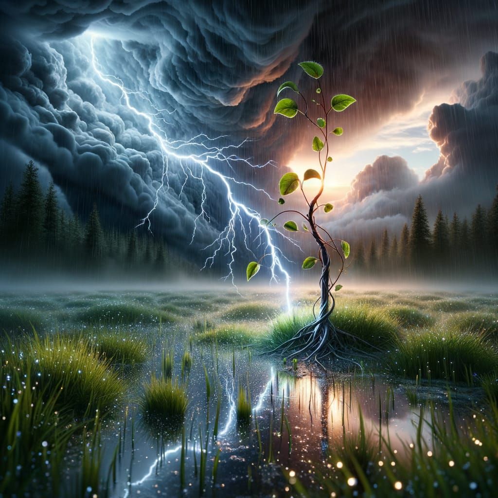 Lightning Touches Sapling in Stormy Meadow
