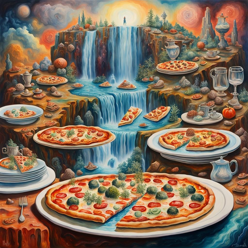 Surreal Pizza Waterfall Landscape in Watercolour