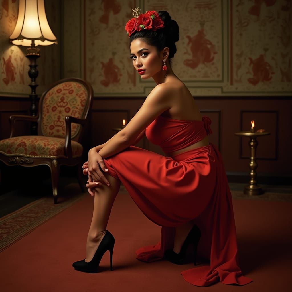 Latina in Red Dress: A Rivera, Kahlo, Botero Blend