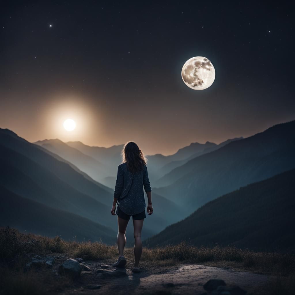Woman Gazing at Moonlit Mountain Landscape
