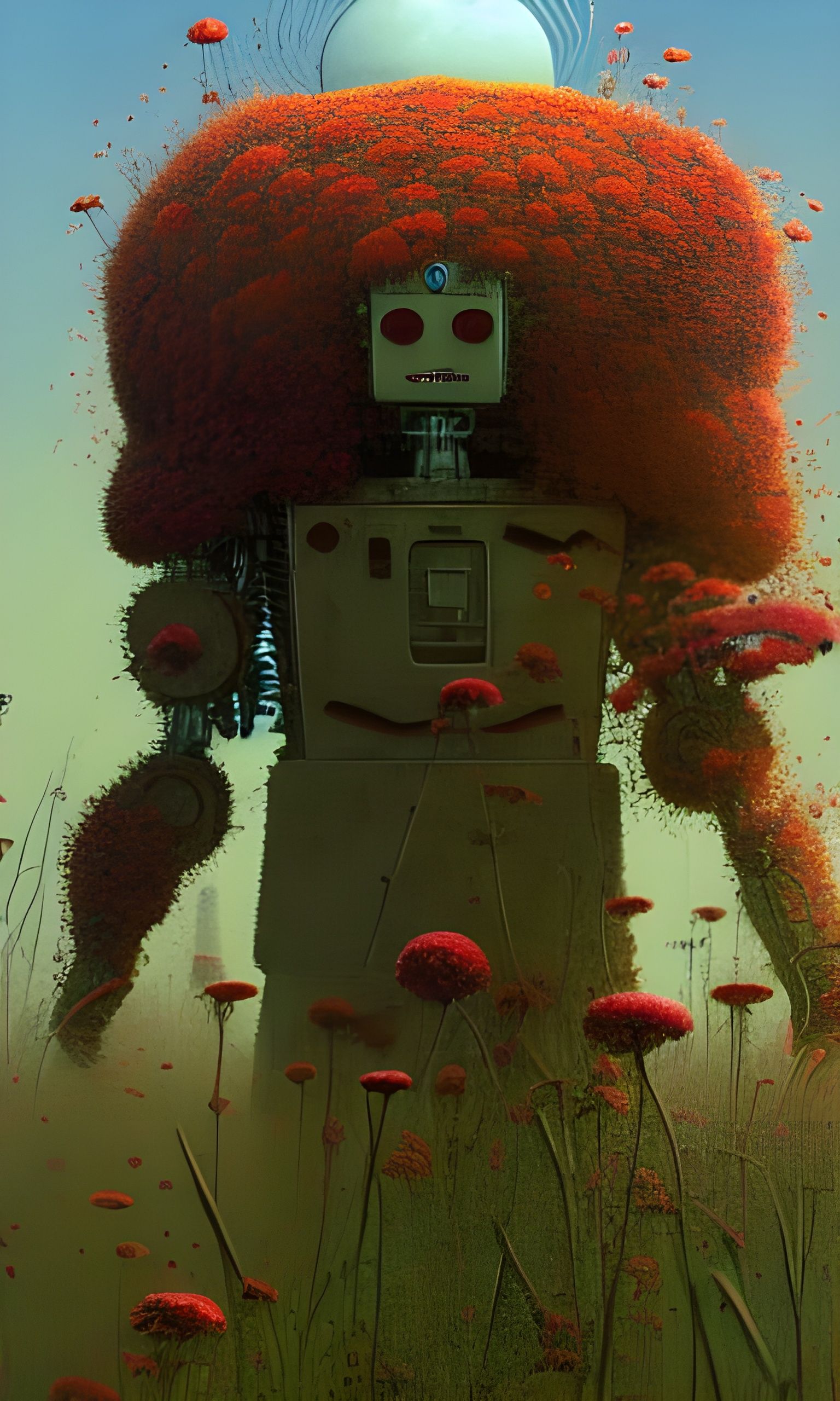 Robot in Decaying Wildflowers: Ghibli-Beksiński Horror Art