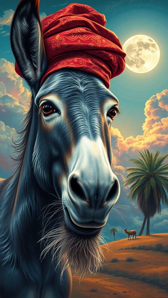 Donkey in Vibrant Kufi Hat Winks with Surrealist Charm