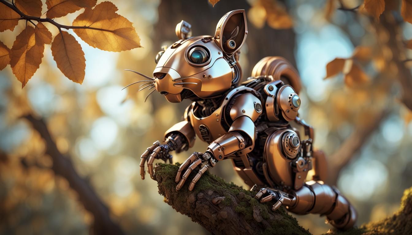 Steampunk Robot Squirrel Climbing Tree, Bronze Mechanical De...