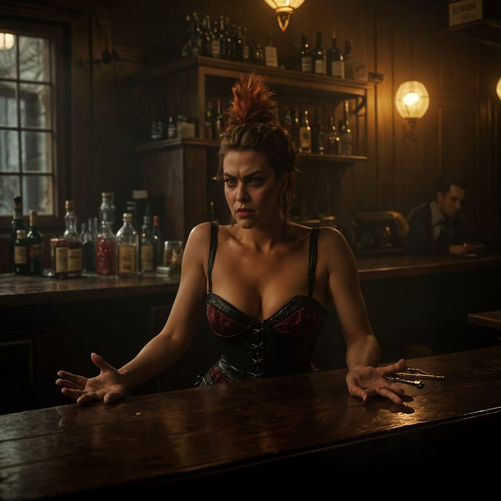 Grumpy Chicken Bartender in Dark Fantasy Style