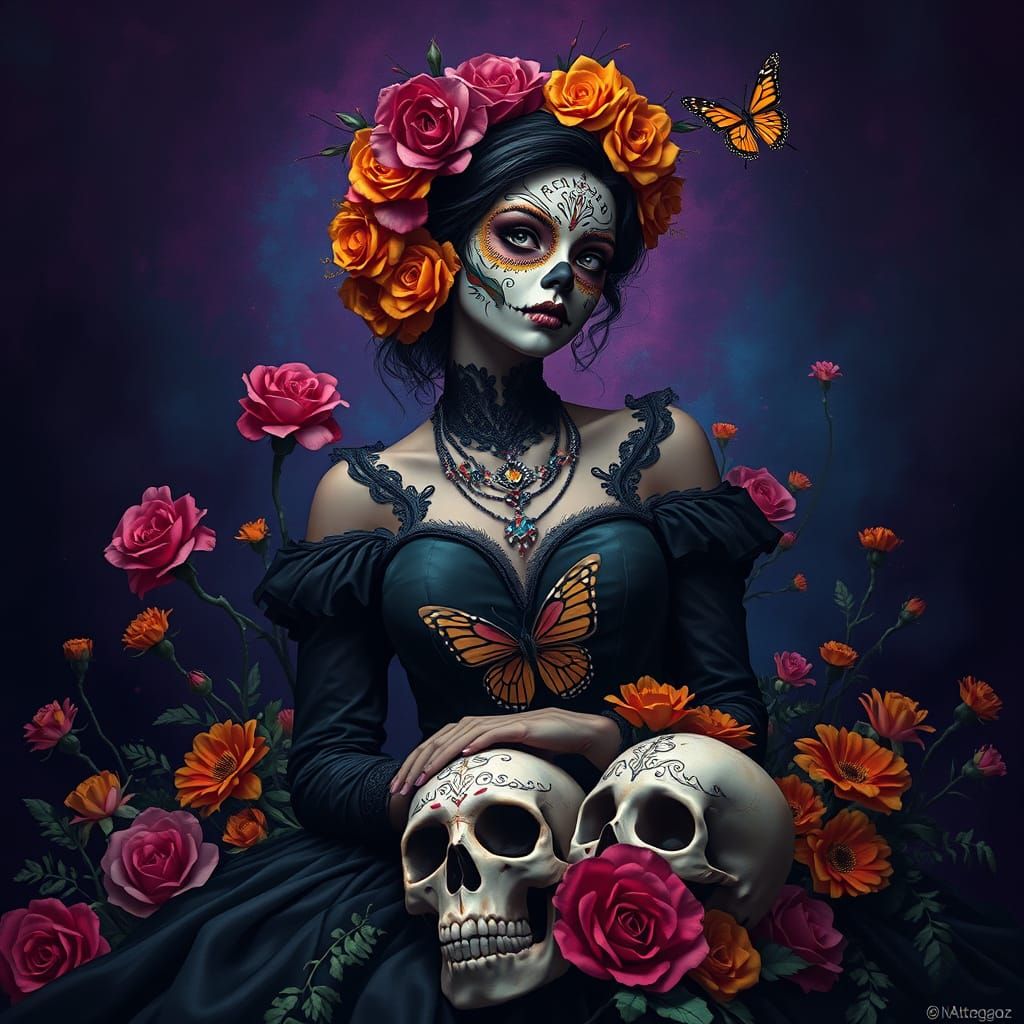 A photo of a woman with skull makeup from the "Day of the De...