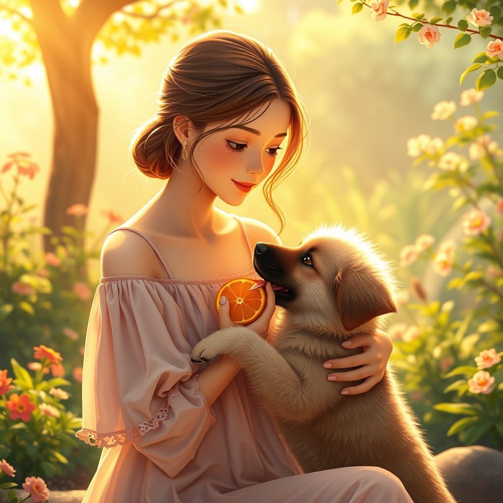 Woman Feeds German Shepherd Puppy Orange in Serene Japanese ...