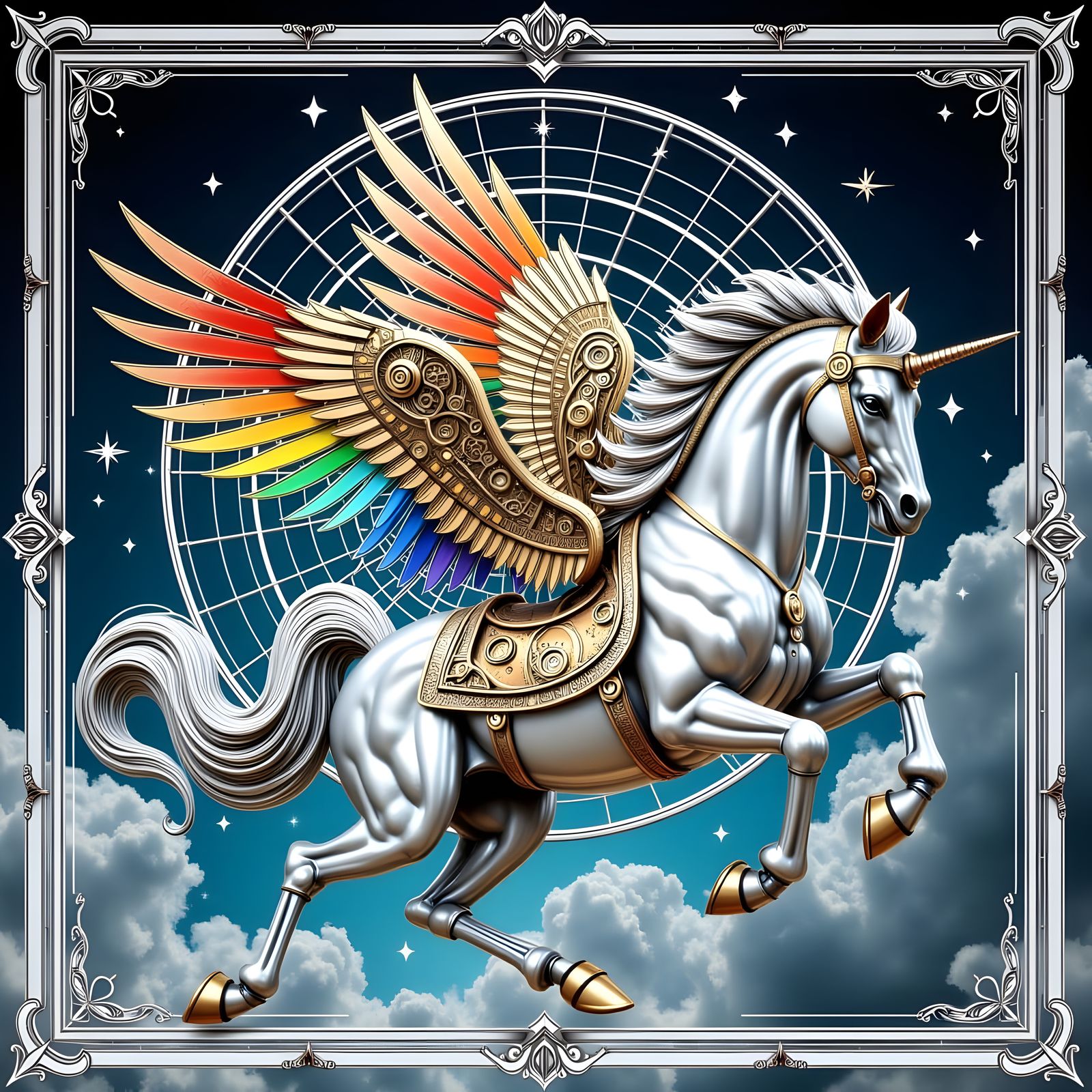 Steampunk Iron Horse with Rainbow Wings