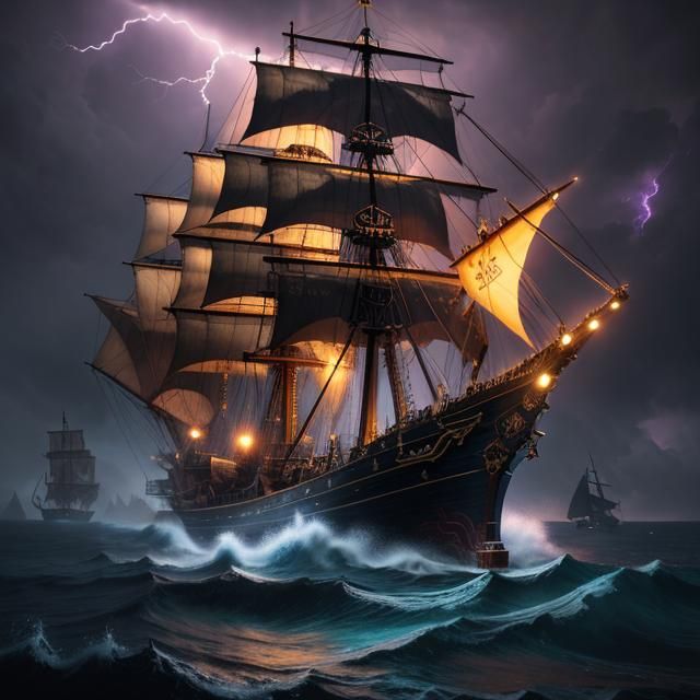 Pirate Ship Struck by Lightning: Dark Fantasy Art